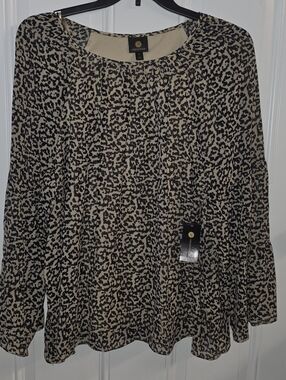 JM Collection Leopard-Print Peasant Blouse - Black & Cream